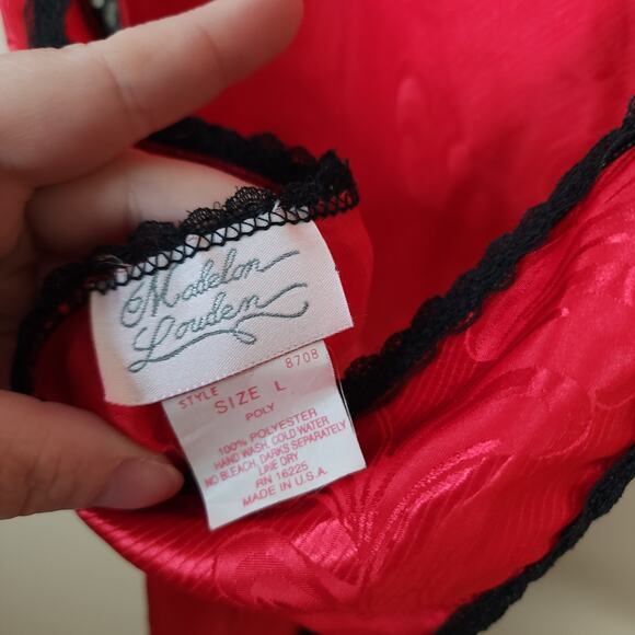 Vintage Madelon Loudon High cut Red satin Teddy with Black Lace Trim Size L - Picture 10 of 10